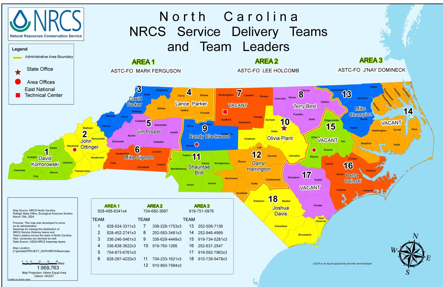 Administrative map outlining the three areas and their respective teams in North Carolina