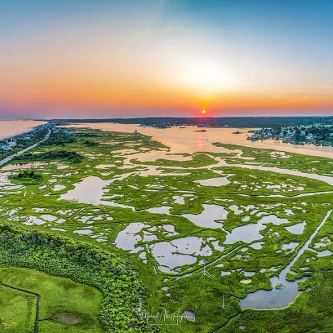 panoramic aerial view of Winnapaug Pond in Westerly, Rhode Island, courtesy of Michael Hughes.