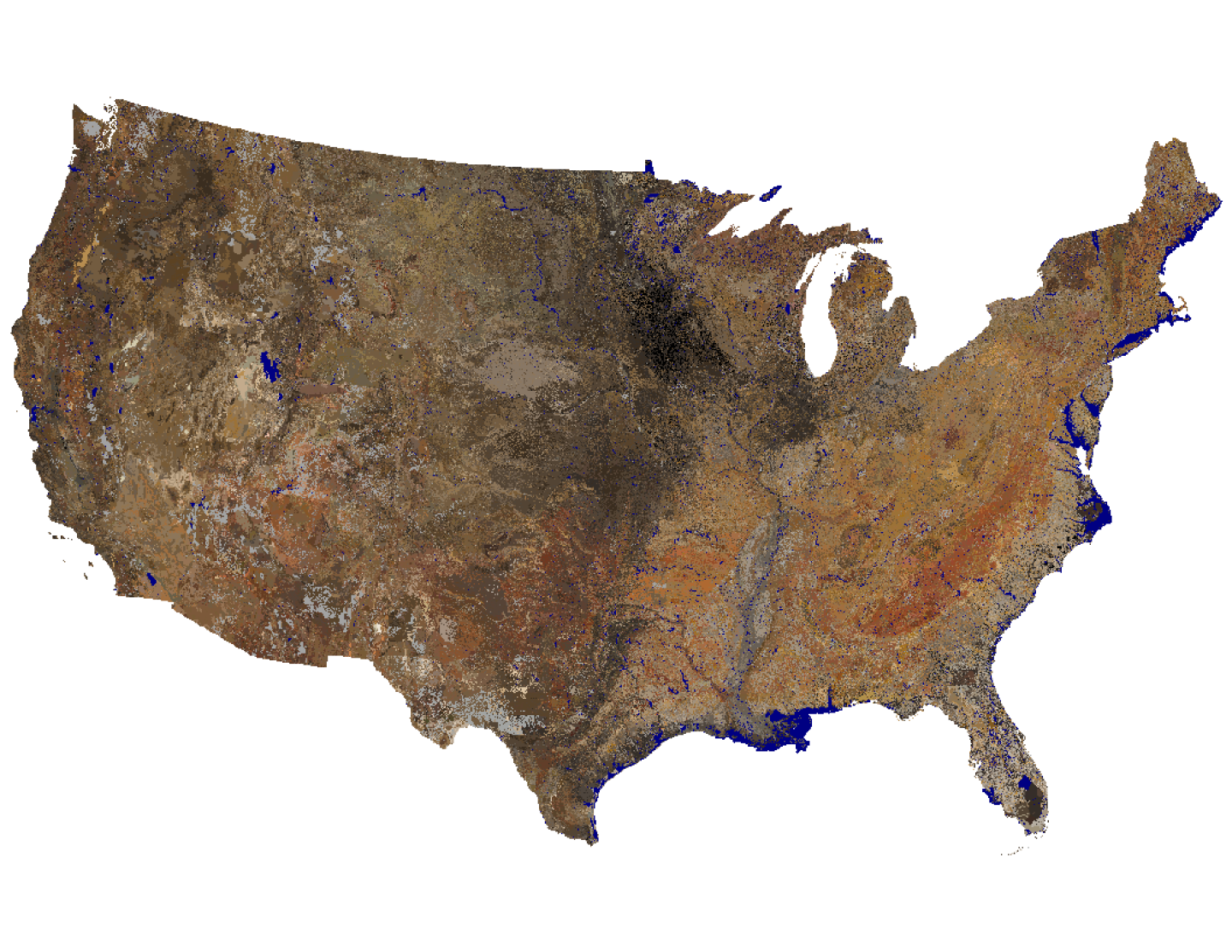 Map of the contiguous United States showing soil colors at 25cm depth.