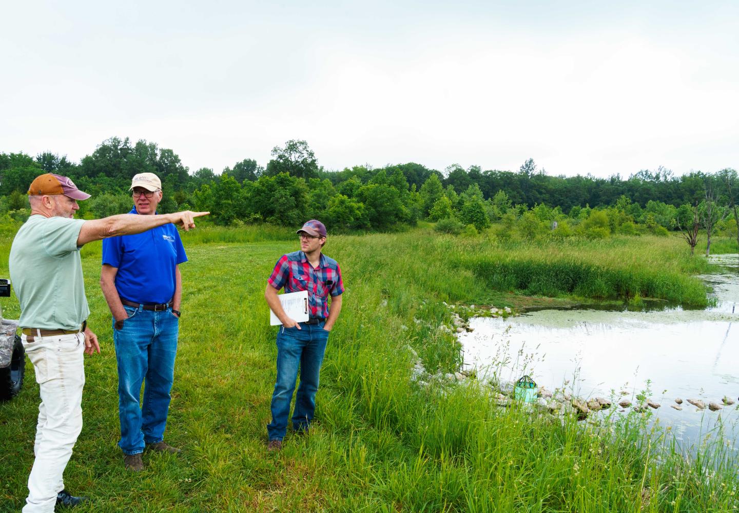 Tom Dykstra (left), Bill Lambert, Indiana NRCS northeast Area Easement Program Specialist, and Art Franke, Indiana NRCS district conservationist for Steuben County, tour Dykstra’s wetland reserve easement located in Fremont, Indiana June 7, 2022