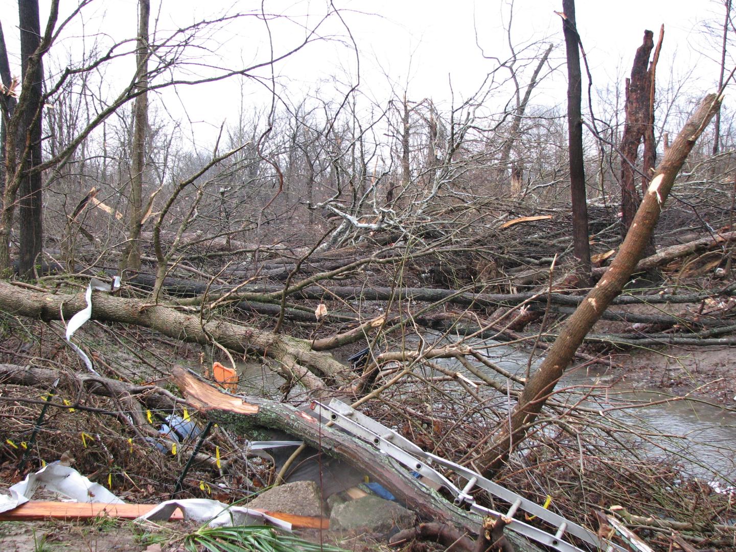 Tornado destruction on a stream in Henryville, Indiana 