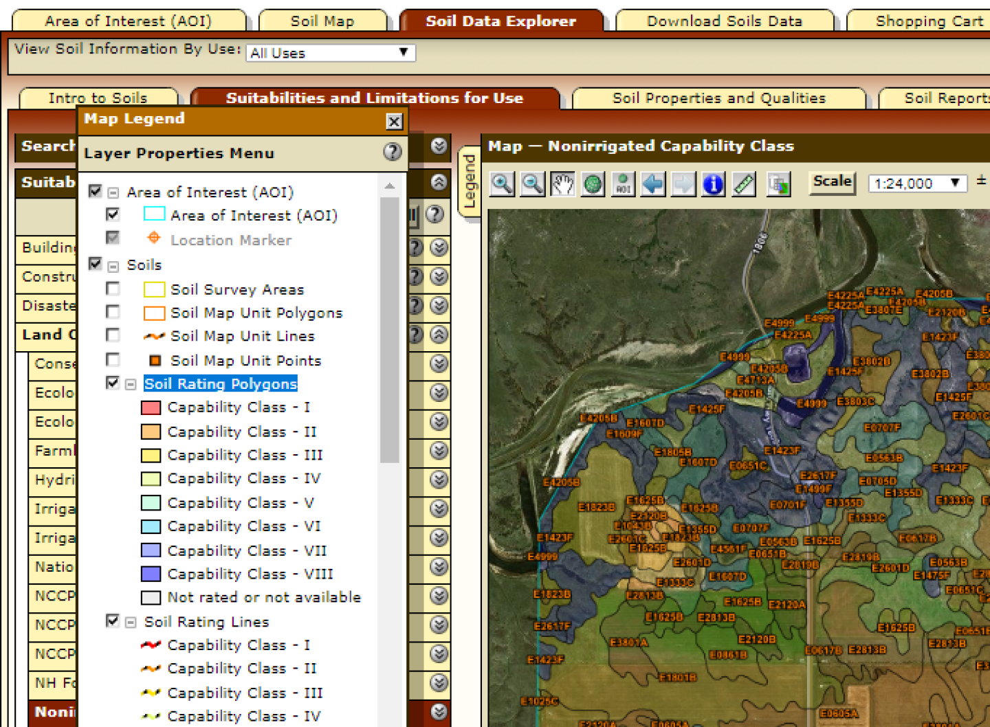 The layer opacity changes in the Legend, in on-screen Soil Rating maps, and in printed Soil Rating maps.
