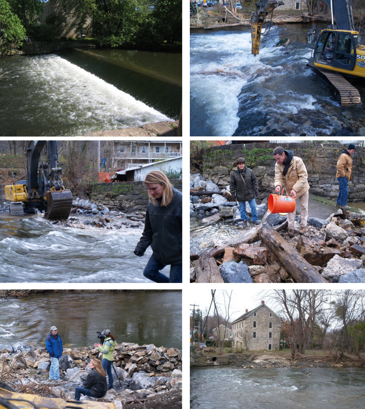 Photo collage of dam demolition on Musconetcong River