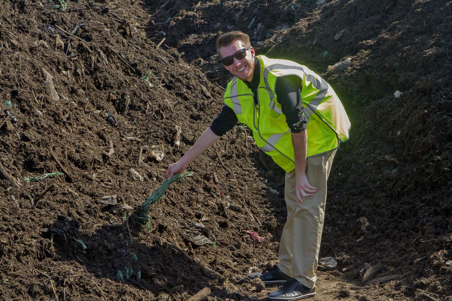 Biodegradable bags visible in ripening compost from Prince William school cafeterias.