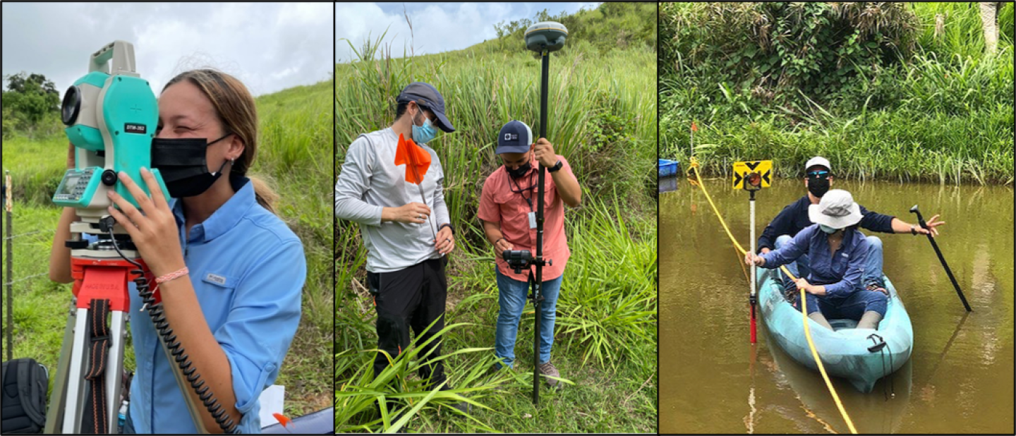 Left to right: Pathways intern Sullyam Colón-Maldonado uses the total station to locate the prism; Pathways interns Gustavo Díaz and Angel Padilla use the VRS to determine the points of interest of the spillway; Pathways intern Kamila Colón and Soil Conservationist Christian Vargas take pond bathymetry data with a prism.