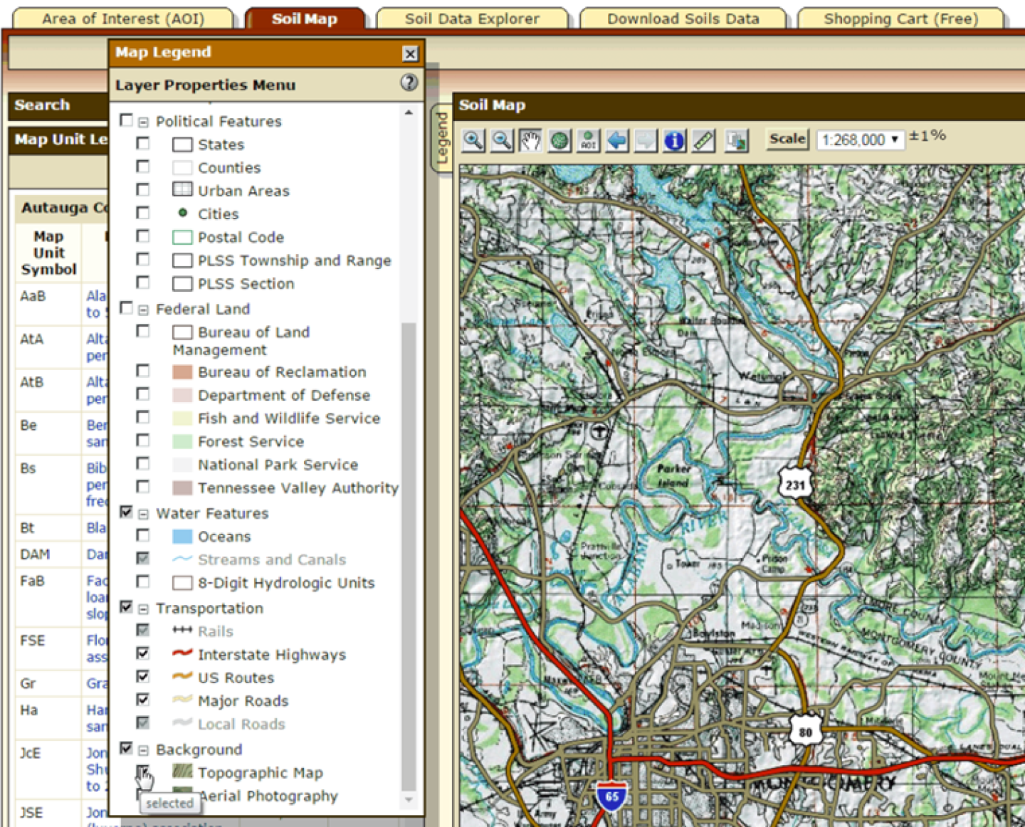  	You can view maps against a topographic backdrop by selecting Topographic Map in the Background layer group on the Legend tab. 