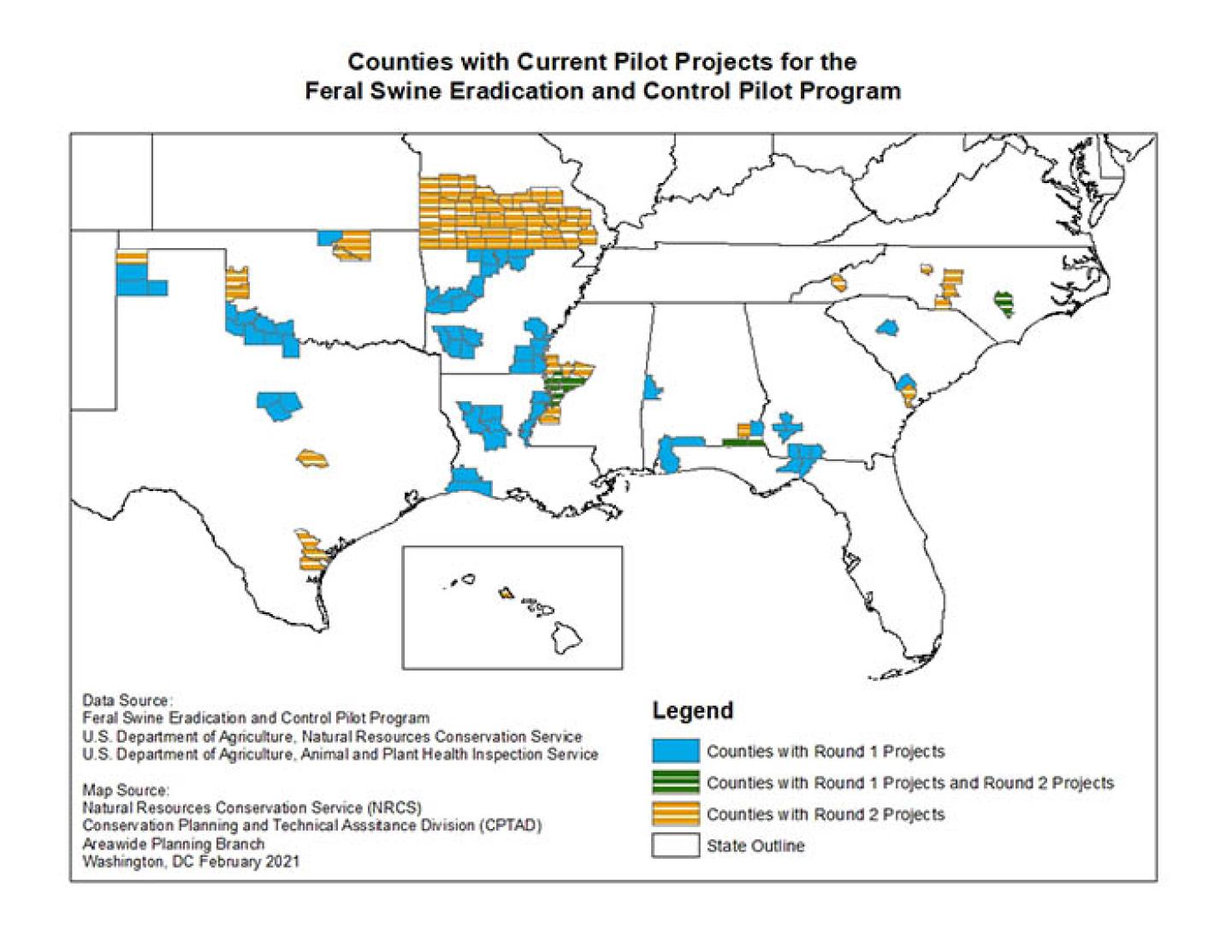 Thumbnail of Counties with Current Feral Swine Eradication and Control Pilot Program Pilot Projects map