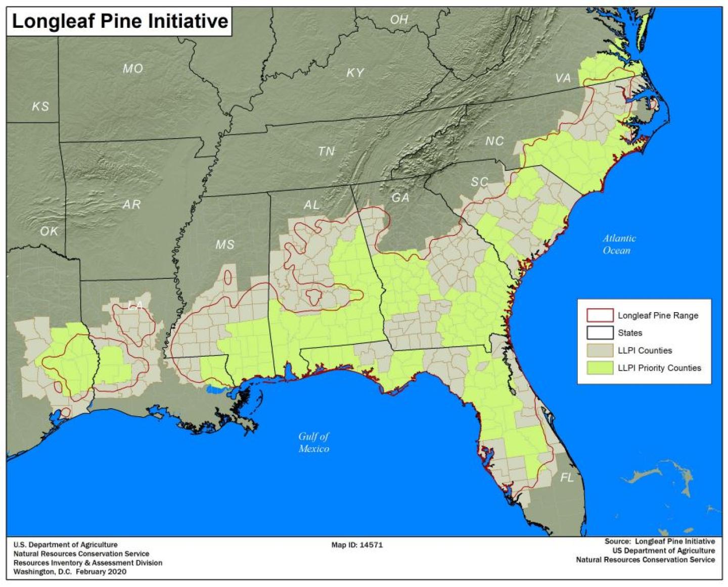 Longleaf Pine map of range 2020