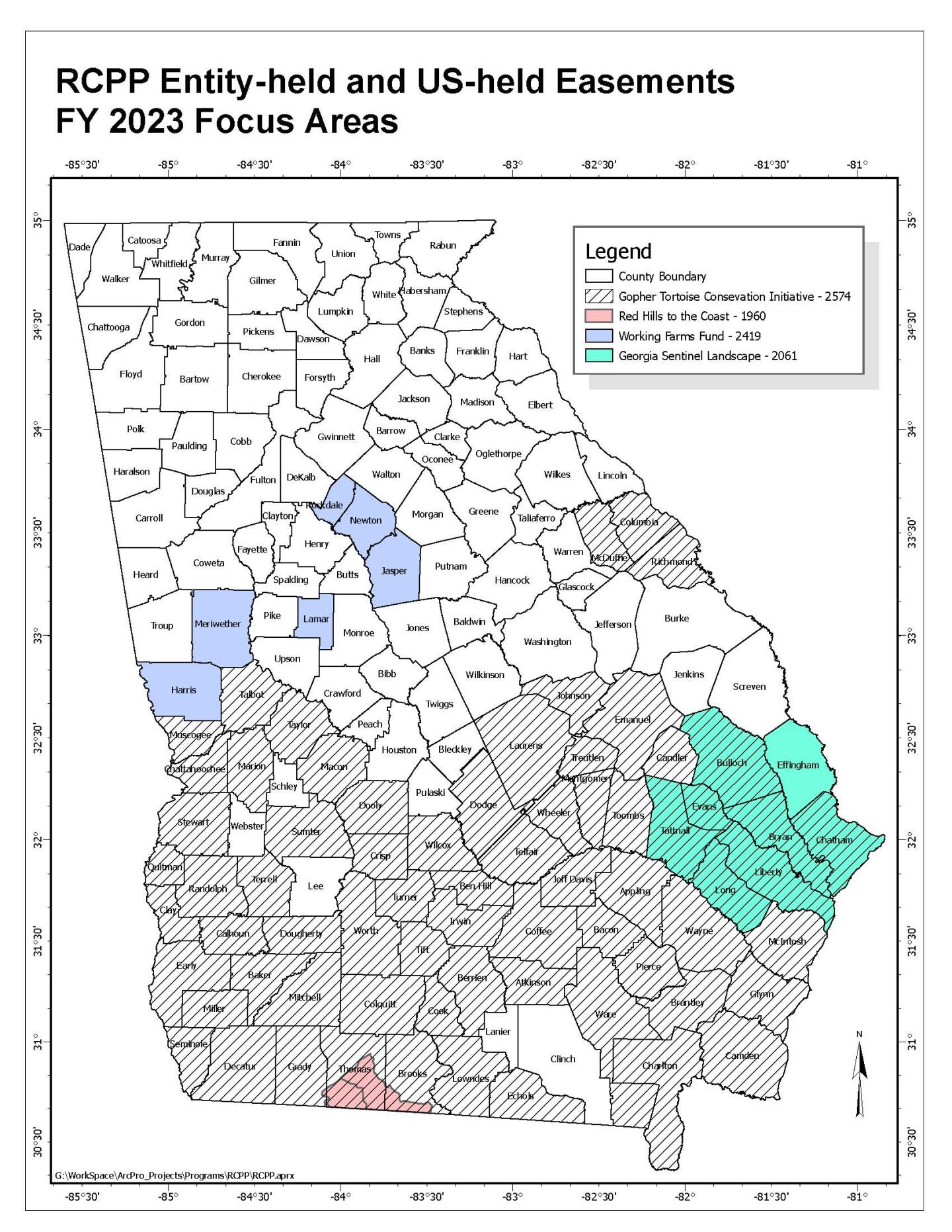 Map of the State of Georgia showing RCPP project areas with highlighted counties.