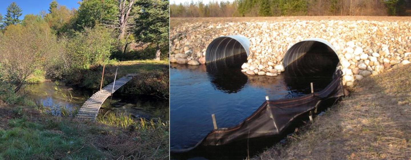 Before and after photos of the stream crossing location.