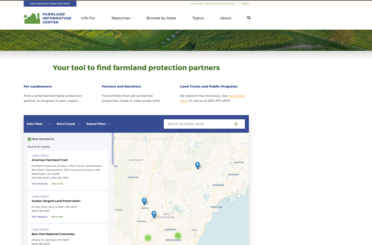 A screen shot of the American Farmland Trust's Farmlandinfo.org page. 