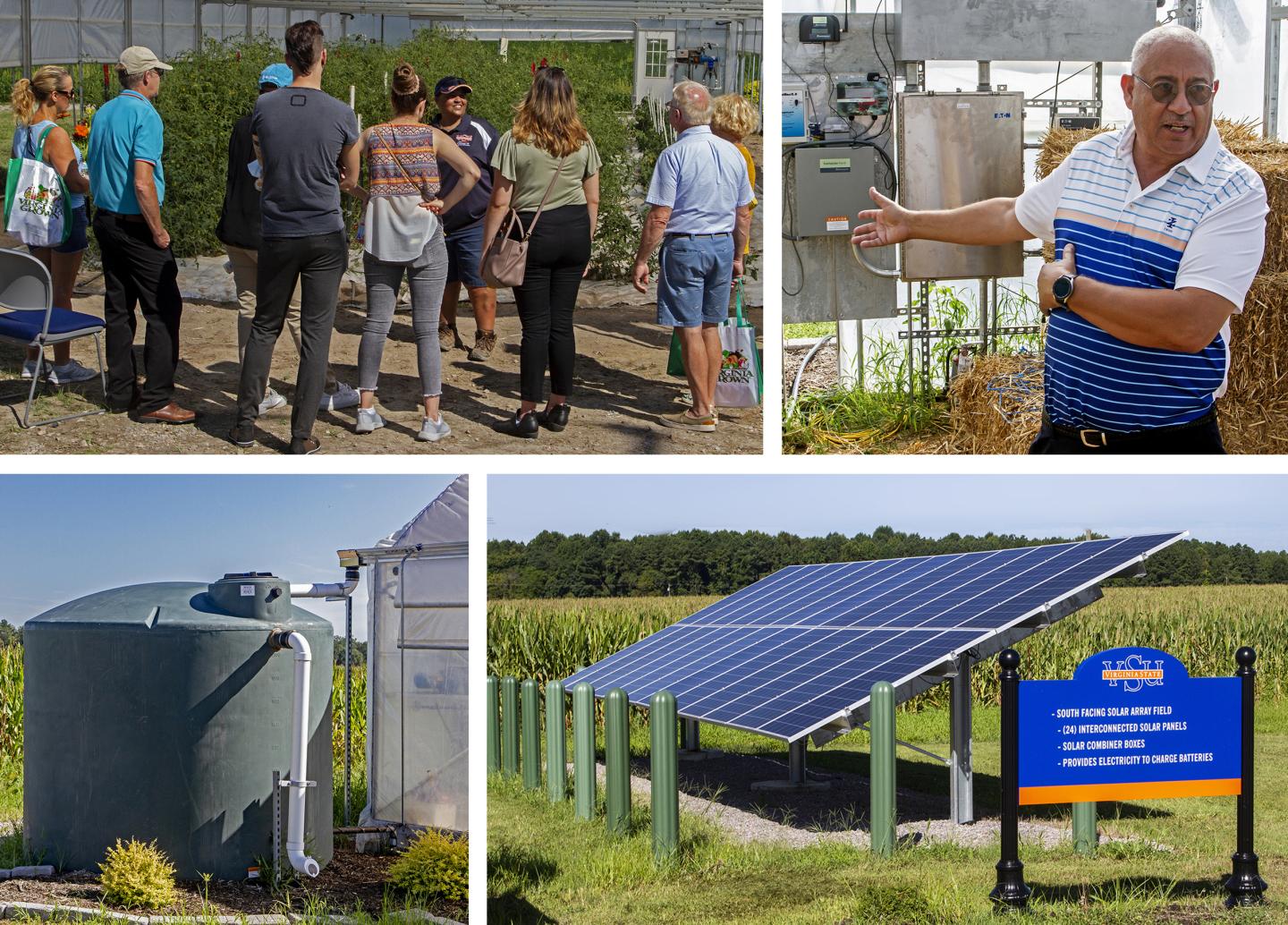 Clockwise from top left: Grace Summers leads a tunnel tour; VSU's Bill Crutchfield goes over the tunnel control panel;  A 24-panel solar array helps power all tunnel functions; Cisterns conserve rainwater running off the tunnel roof.