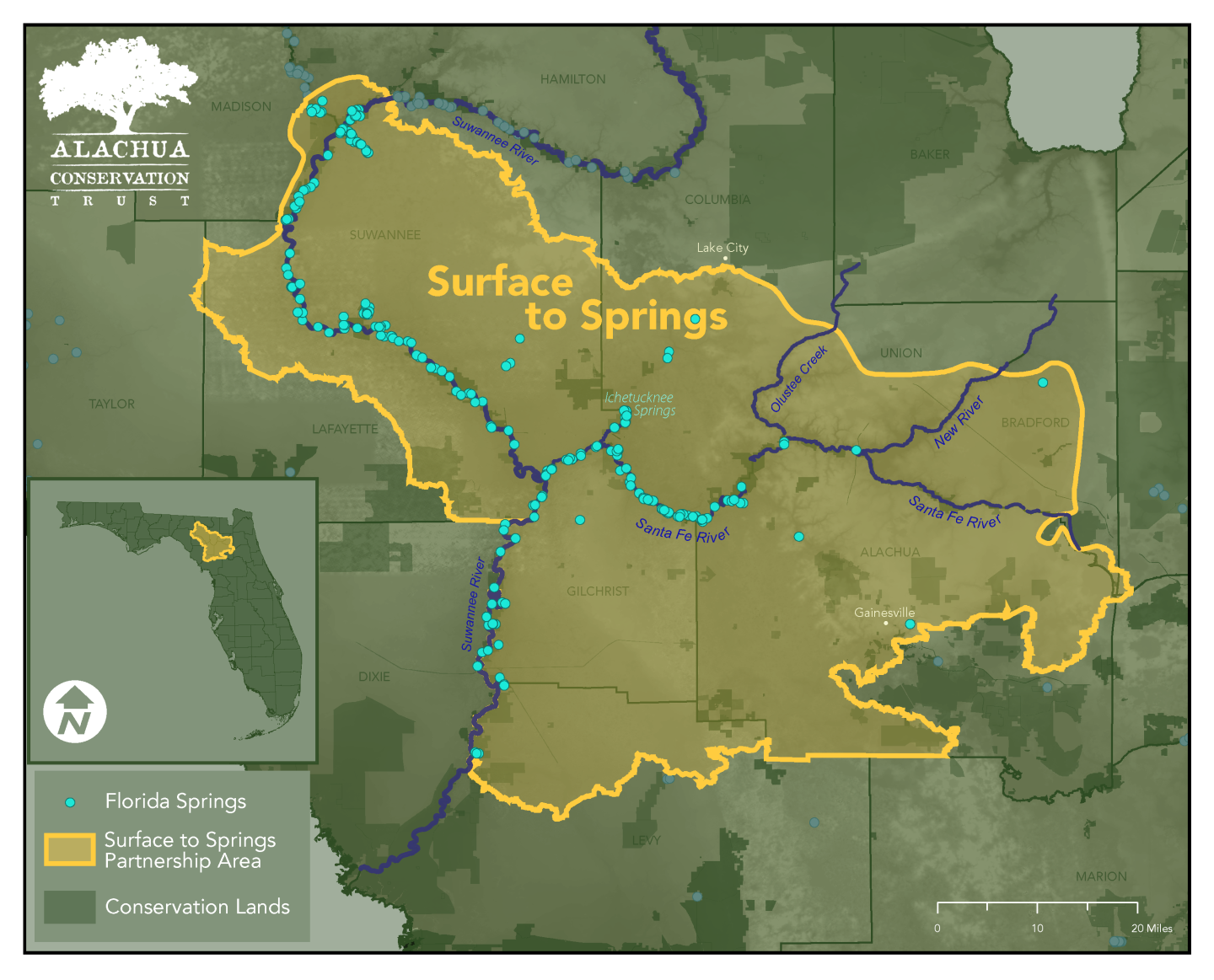 Surface to Springs Partnership Area Map in northern Florida