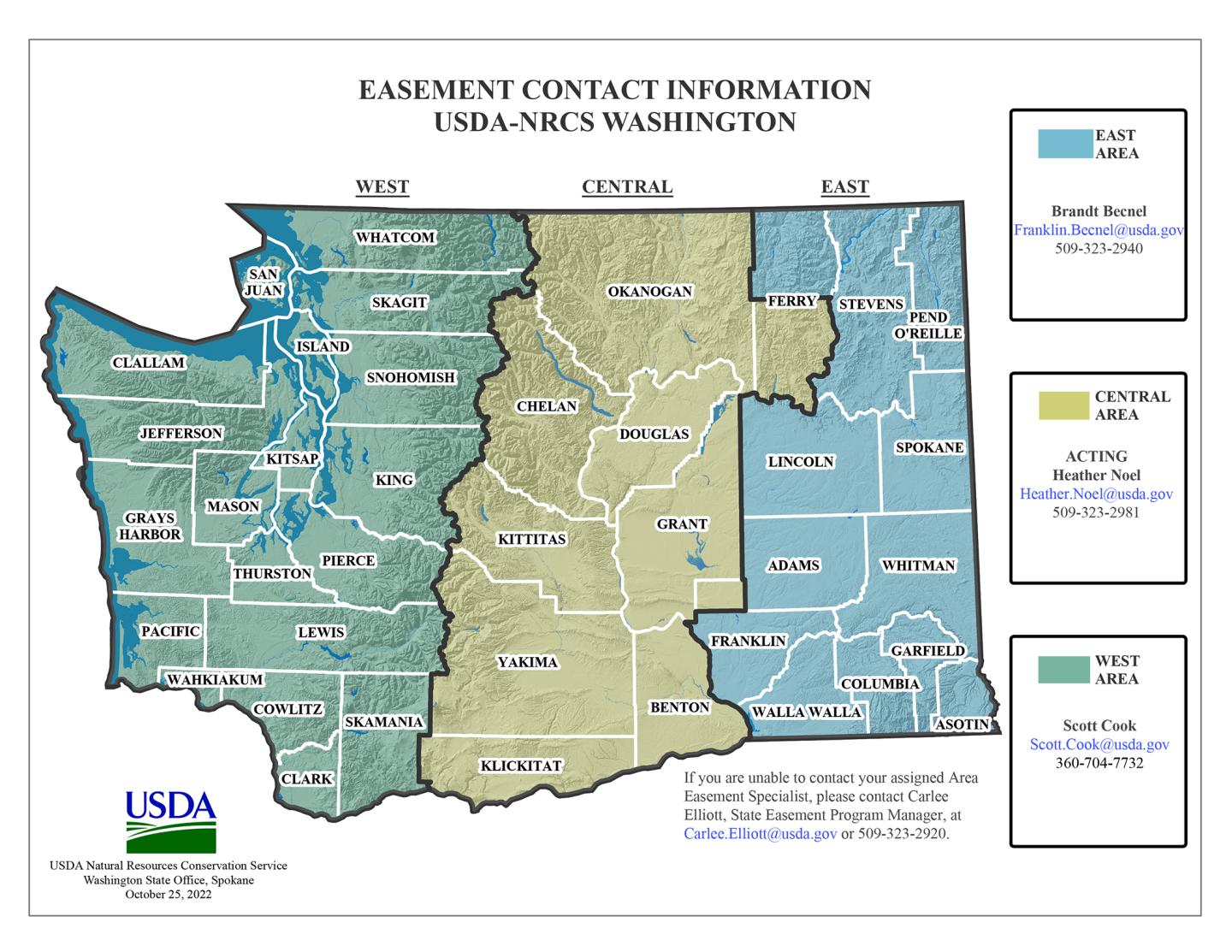Map of Washington State with easement program contacts