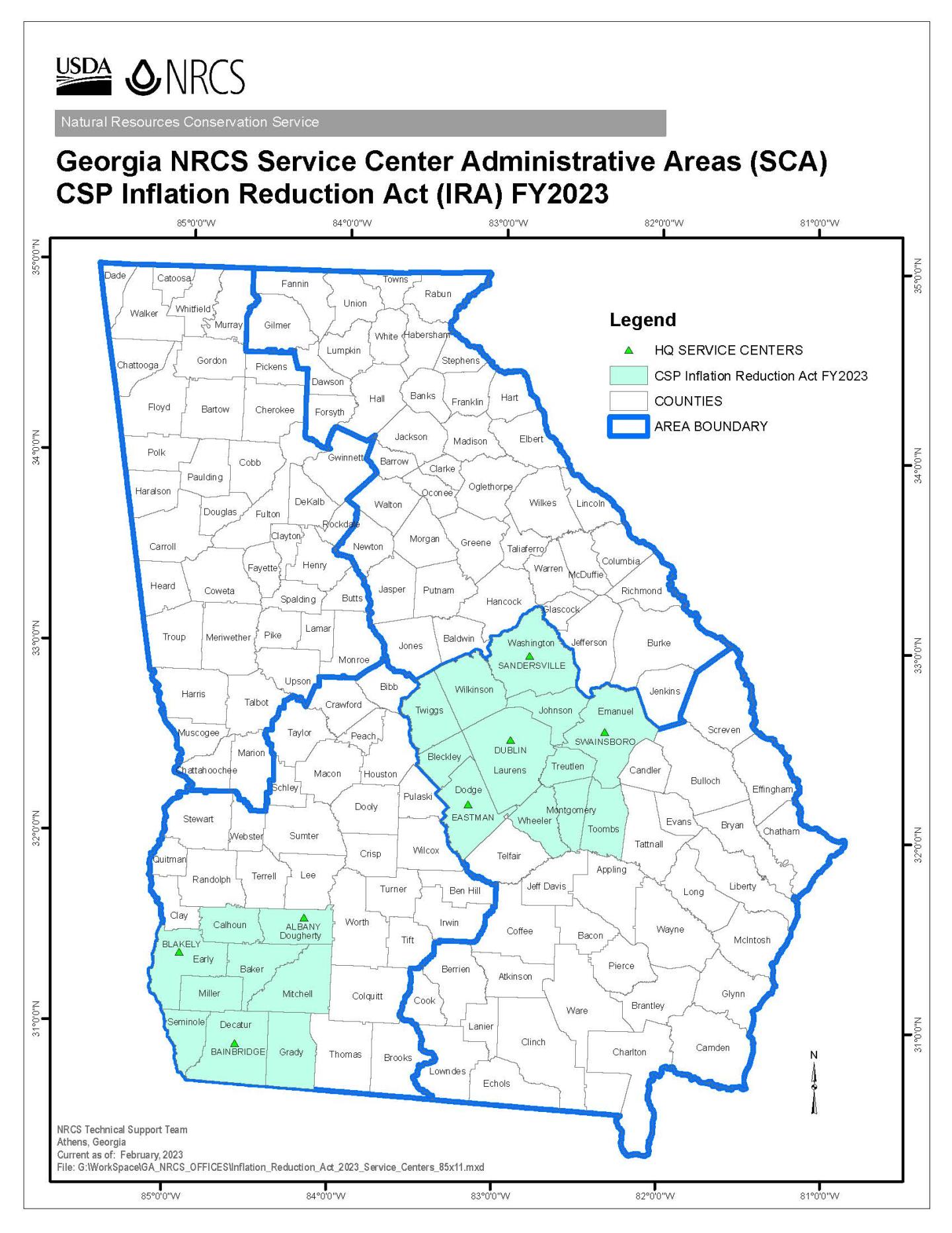 A map of Georgia showing what counties are eligible for CSP-IRA-funded activities in fiscal year 2023.