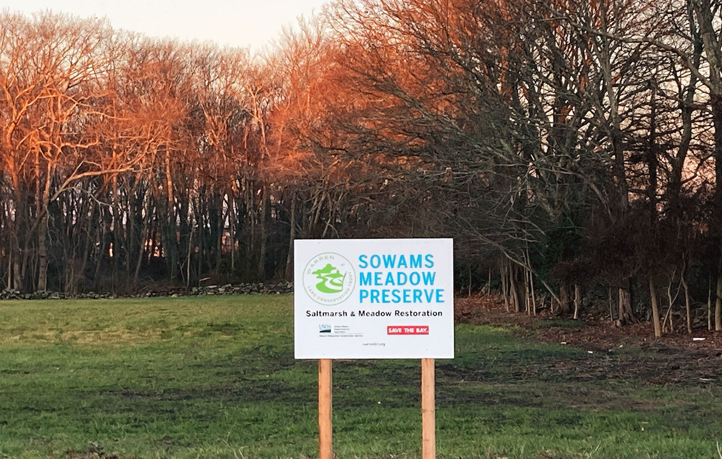 Sowam's Meadow Preserve wetlands restoration sign in Warren, RI, Dec. 2, 2022