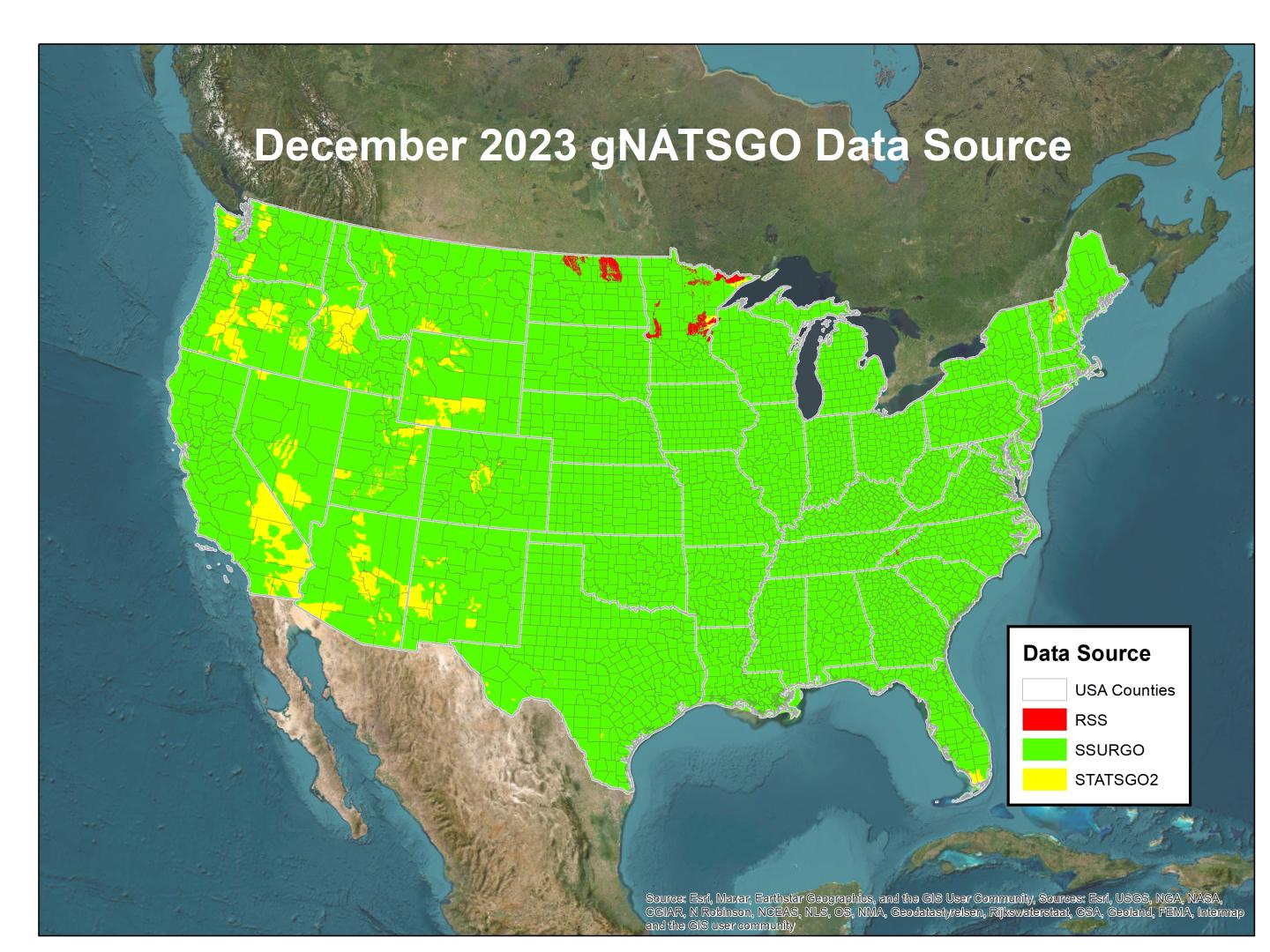 Figure 1 shows the distribution of SSURGO, STATSGO2, and RSSs in gNATSGO for the conterminous United States.