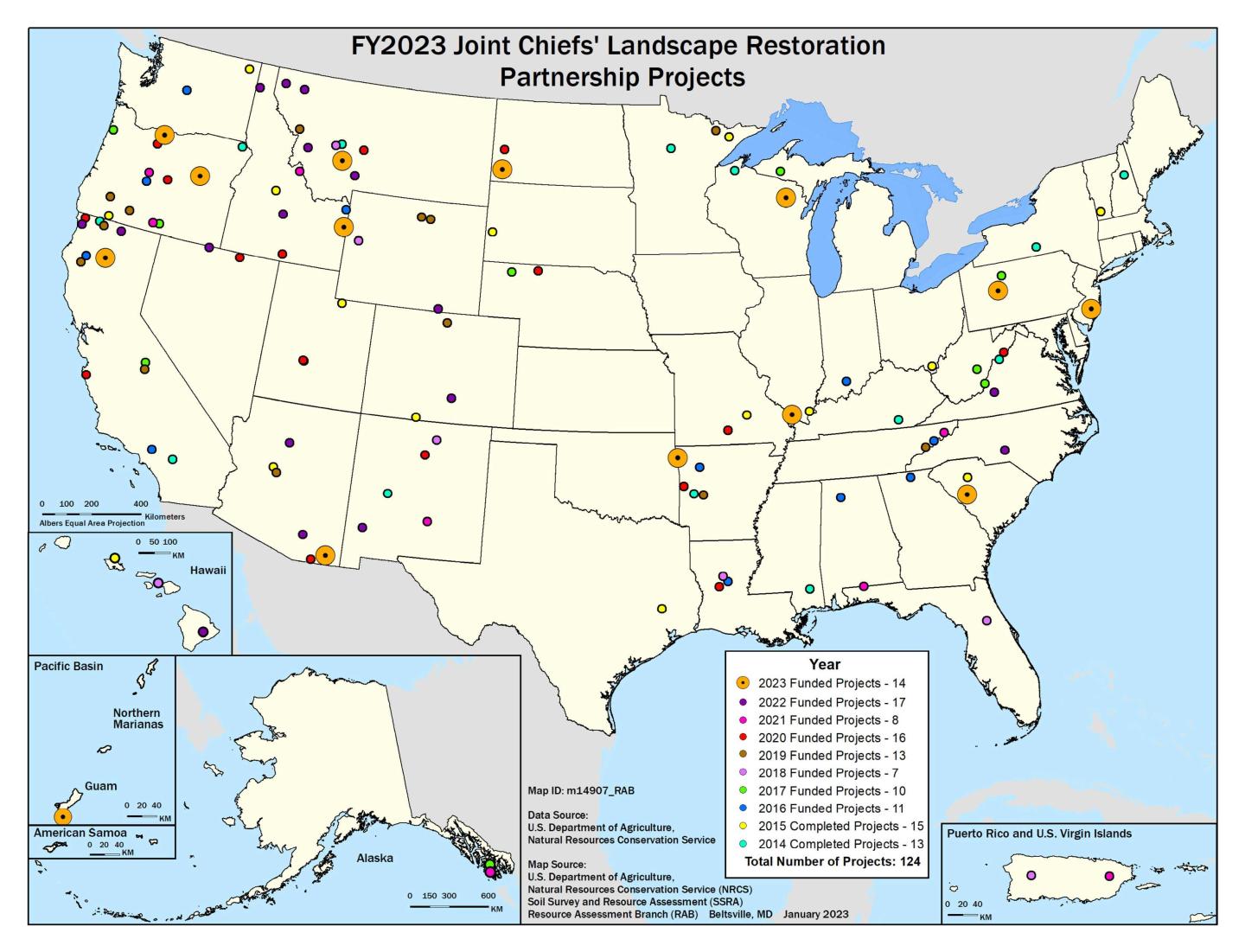 Map of United States showing locations of Joint Chiefs' projects, 2014 - 2023