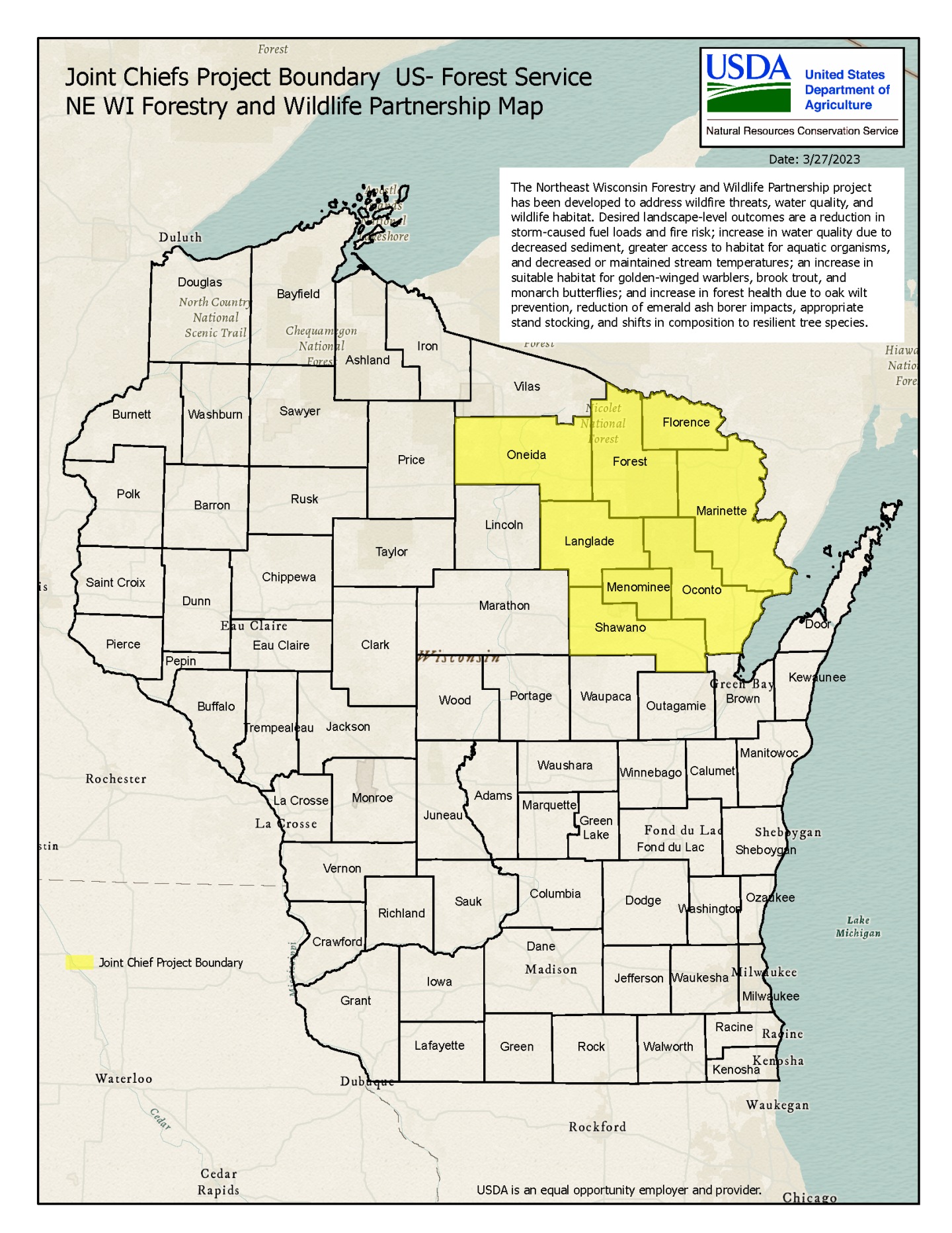 Map of WI segmented by county, highlighted portion in yellow notated as Joint Chiefs Project Boundary US- Forest Service NE WI Forestry and Wildlife Partnership Map