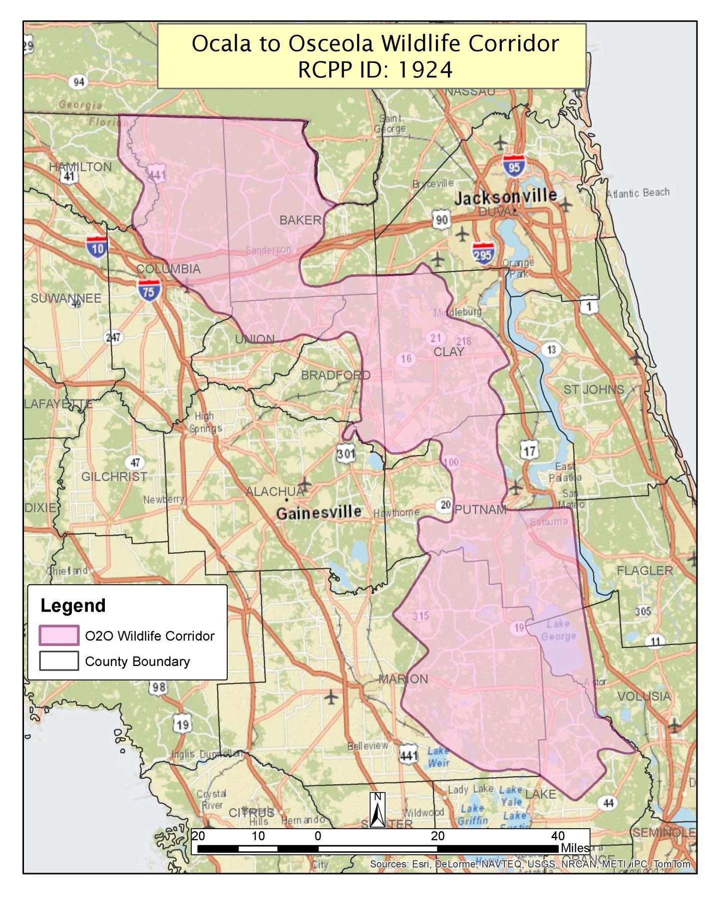 Map of Ocala to Osceola Corridor in North Florida