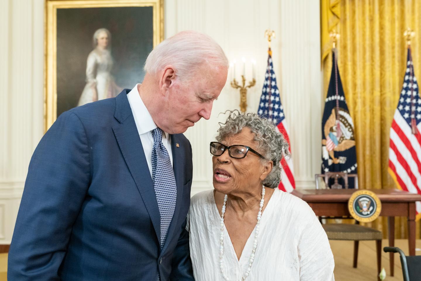 President Joe Biden talks with Opal Lee after signing the Juneteenth National Independence Day Act Bill, Thursday, June 17, 2021, in the East Room of the White House. (Official White House photo by Chandler West).