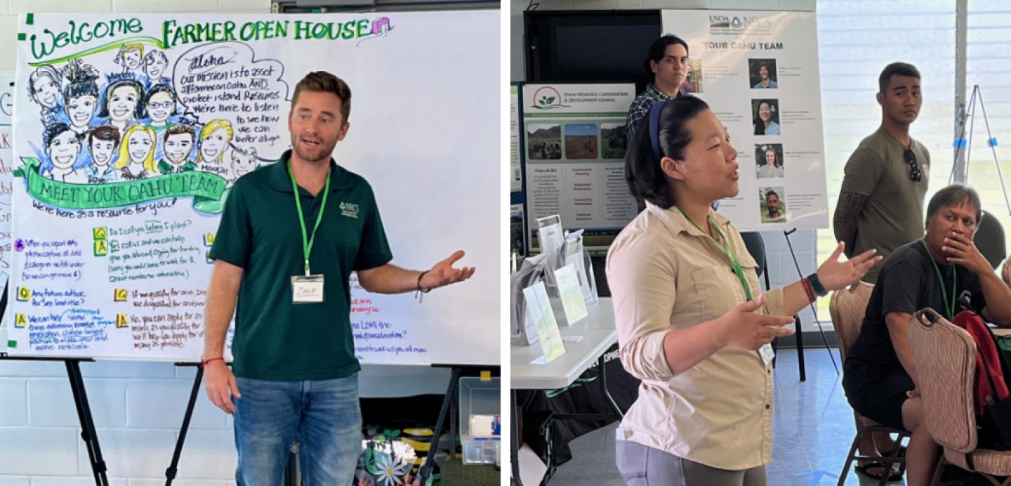 Zachery Freeman (left), district conservationist and Mandy Chen, conservation planner for NRCS PIA speaks to group of local O'ahu farmers.