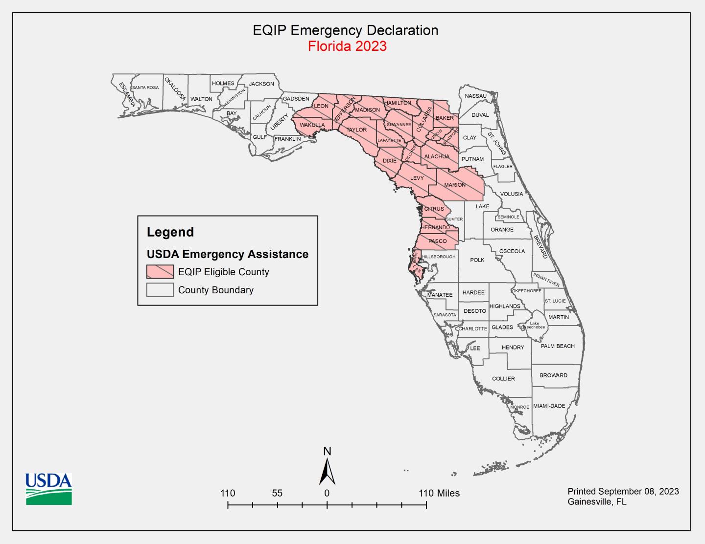 Florida County map with emergency declaration counties in red