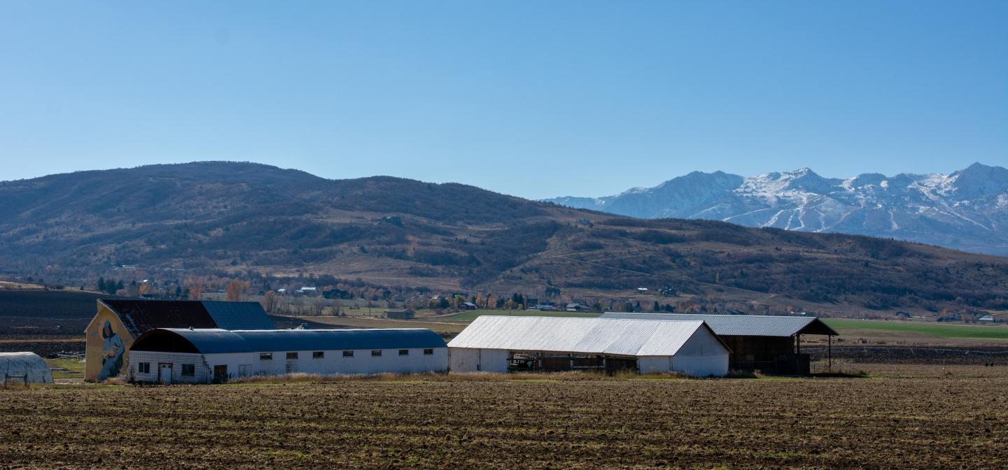 Mountains and farmland with outbuildings