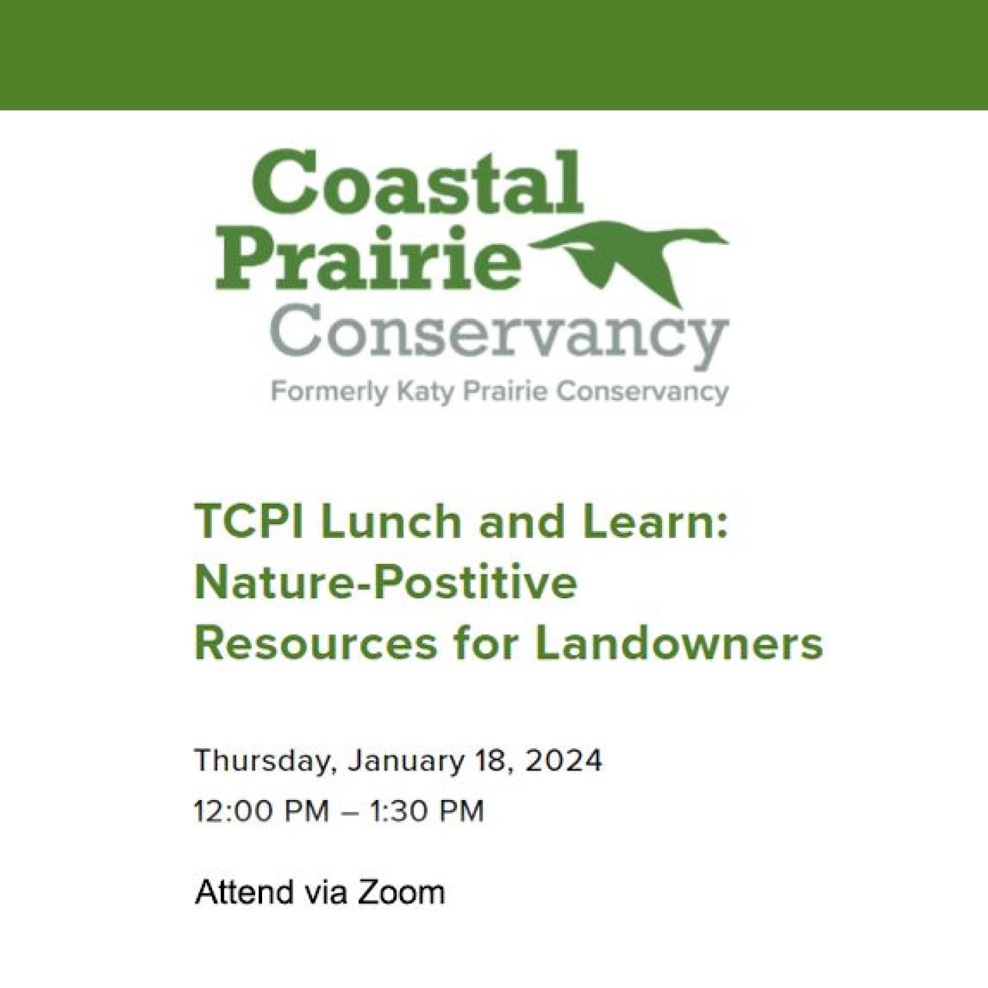 Coastal Prairie Conservancy Zoom lunch and learn flier