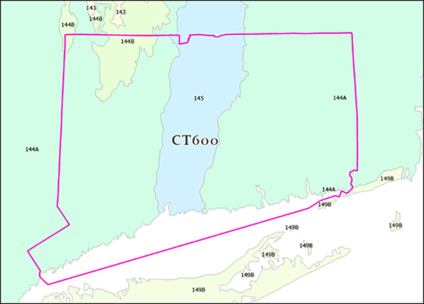 Figure 3.1. Former Soil Survey Area boundary for CT600 (Soil Survey of the State of Connecticut) with MLRA boundaries
