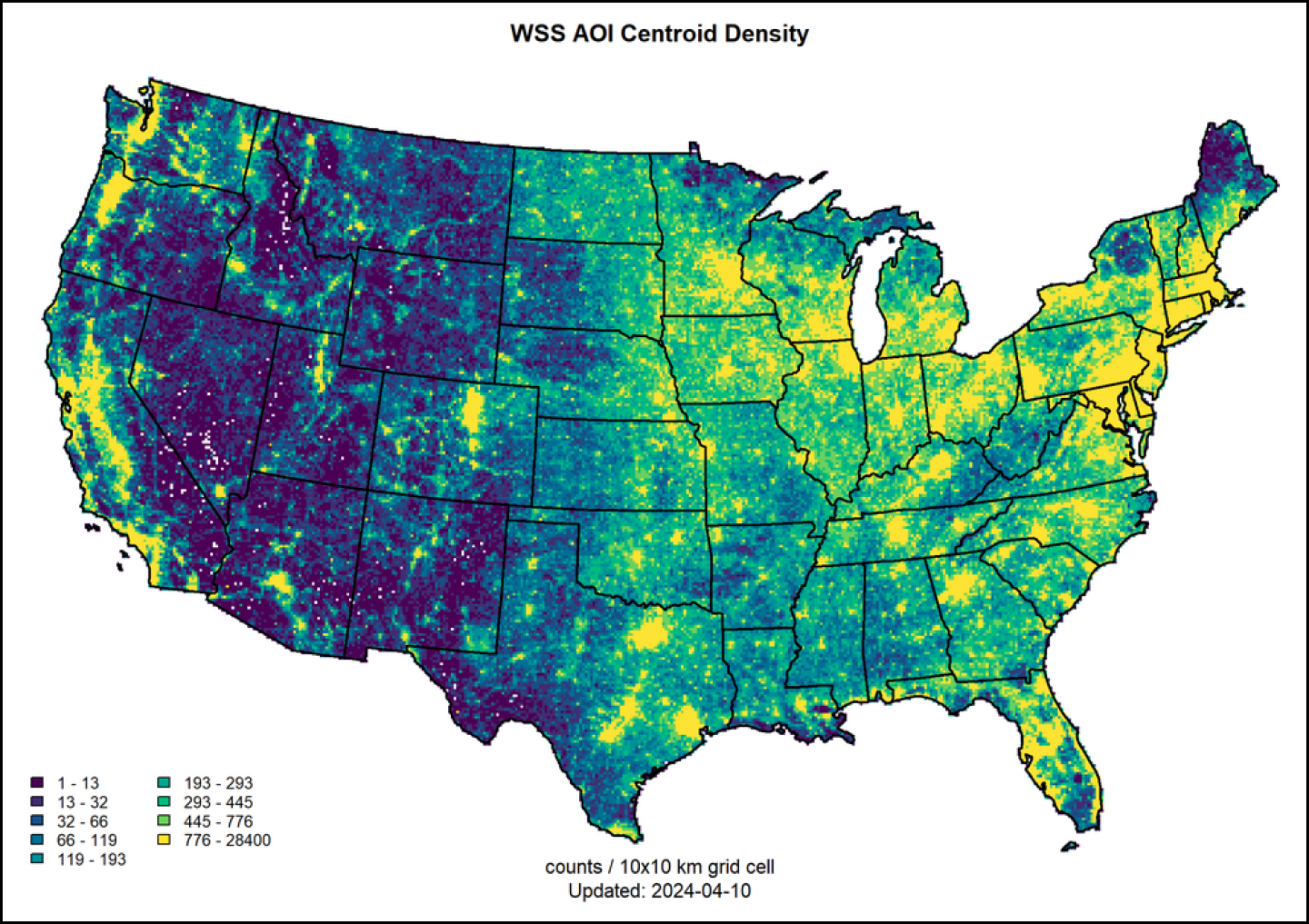 A map of the United States showing Web Soil Survey Area of Interest centroid density. Color is used to indicate density. The density increases as the color becomes brighter in shade. 