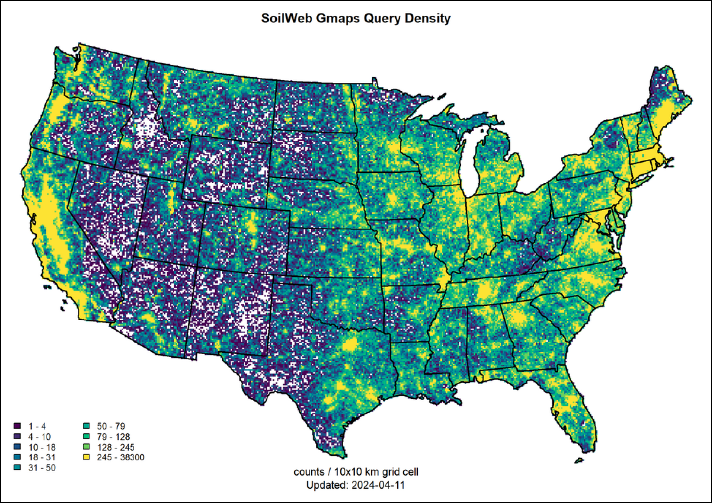 A map of the United States showing SoilWeb Gmaps query density. Color is used to indicate density. The density increases as the color becomes brighter in shade. 