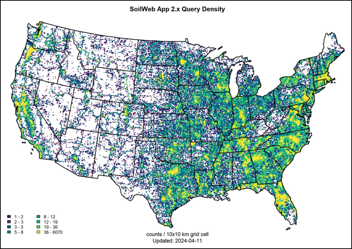 A map of the United States showing Web Soil Survey App 2.x density. Color is used to indicate density. The density increases as the color becomes brighter. However, there are some areas on the map that have no color. 
