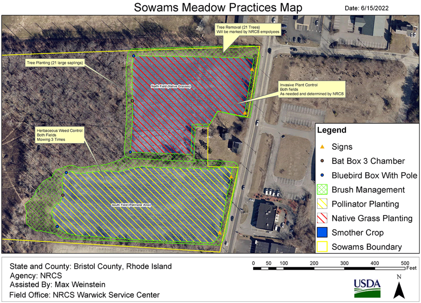 Updated conservation plan map with practices for Sowam's Meadow WRE salt marsh restoration project, Warren, RI.