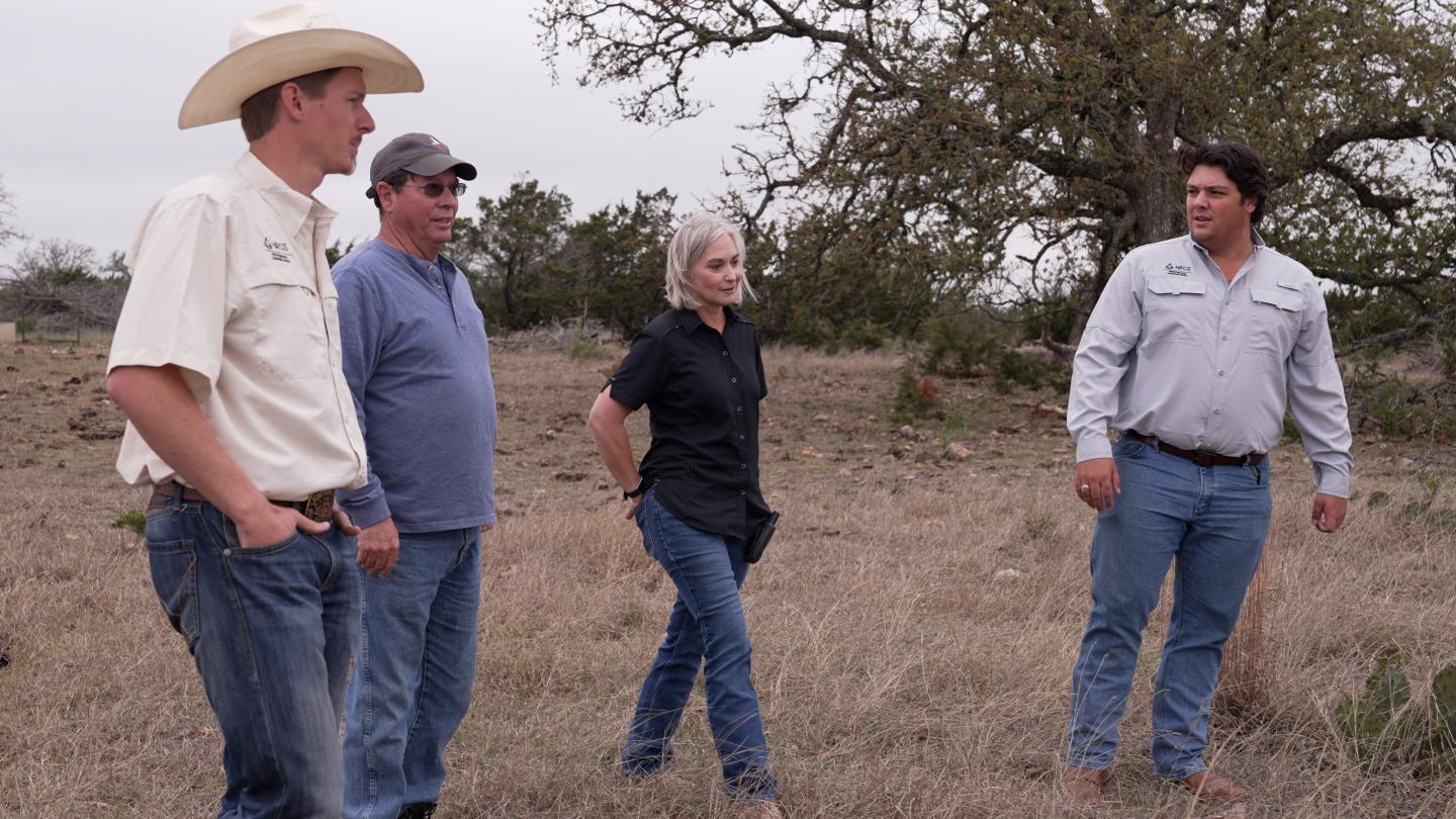 NRCS rangeland management specialist Christian Hopkins, L Cross Ranch owner Les Short, NRCS Bandera district conservationist Rebecca Svoboda and NRCS soil conservationist Preston Stull meet to discuss the conservation plan for the L Cross Ranch.