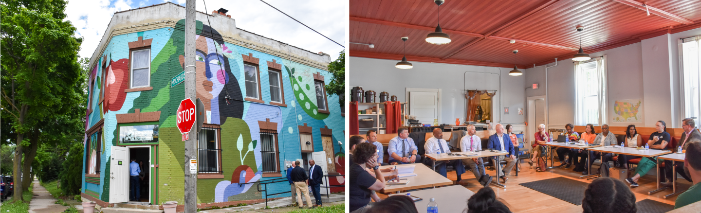 Side by side photos showing outside of the VGI Farmhouse and group of urban ag partners meeting inside.