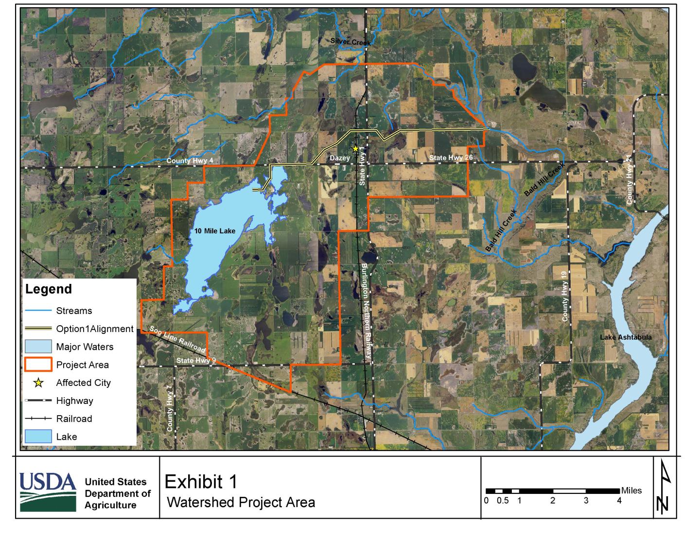 Aerial map of the lake, project alignment, and project boundary.