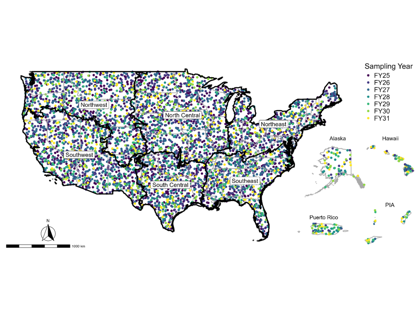 Map of the US with several hundred multi-colored dots, which represent planned sampling years FY25 - FY31