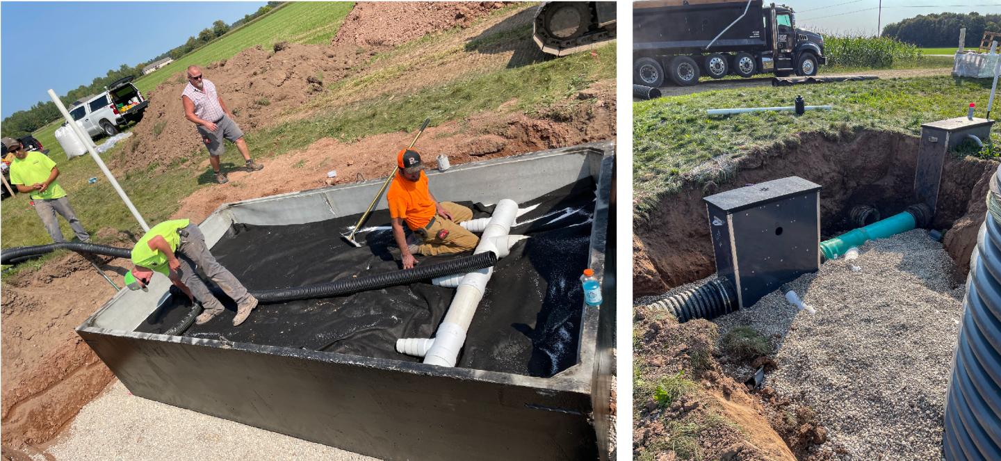 Constructing the inlet manifold and distribution tile system on top of geotextile in the concrete holding tank and installation of the water control structure for the Phosphorus Removal System.