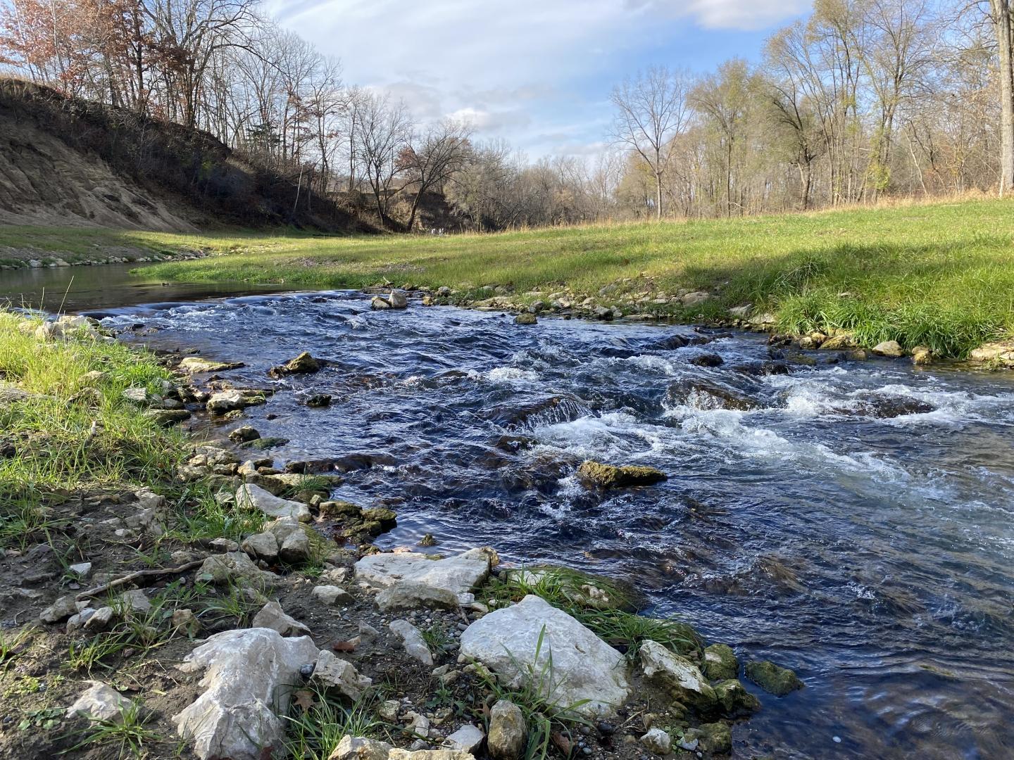 Grassy and rocky waterway flowing through an RCPP Project