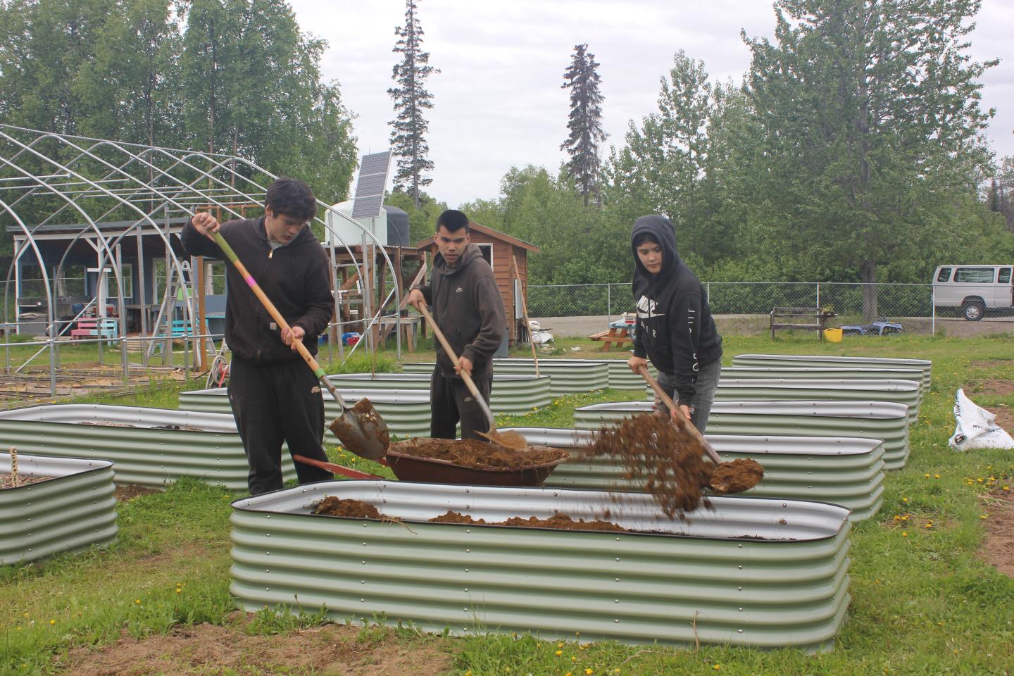 Student interns prepare garden beds in Tyonek, Alaska