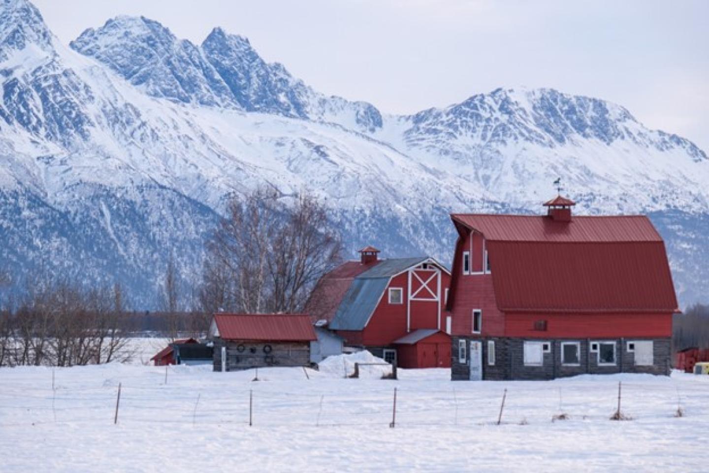 Barn with snow and mountains in Alaska