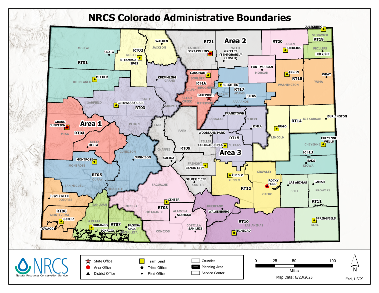 A map of the NRCS Colorado administrative boundaries.
