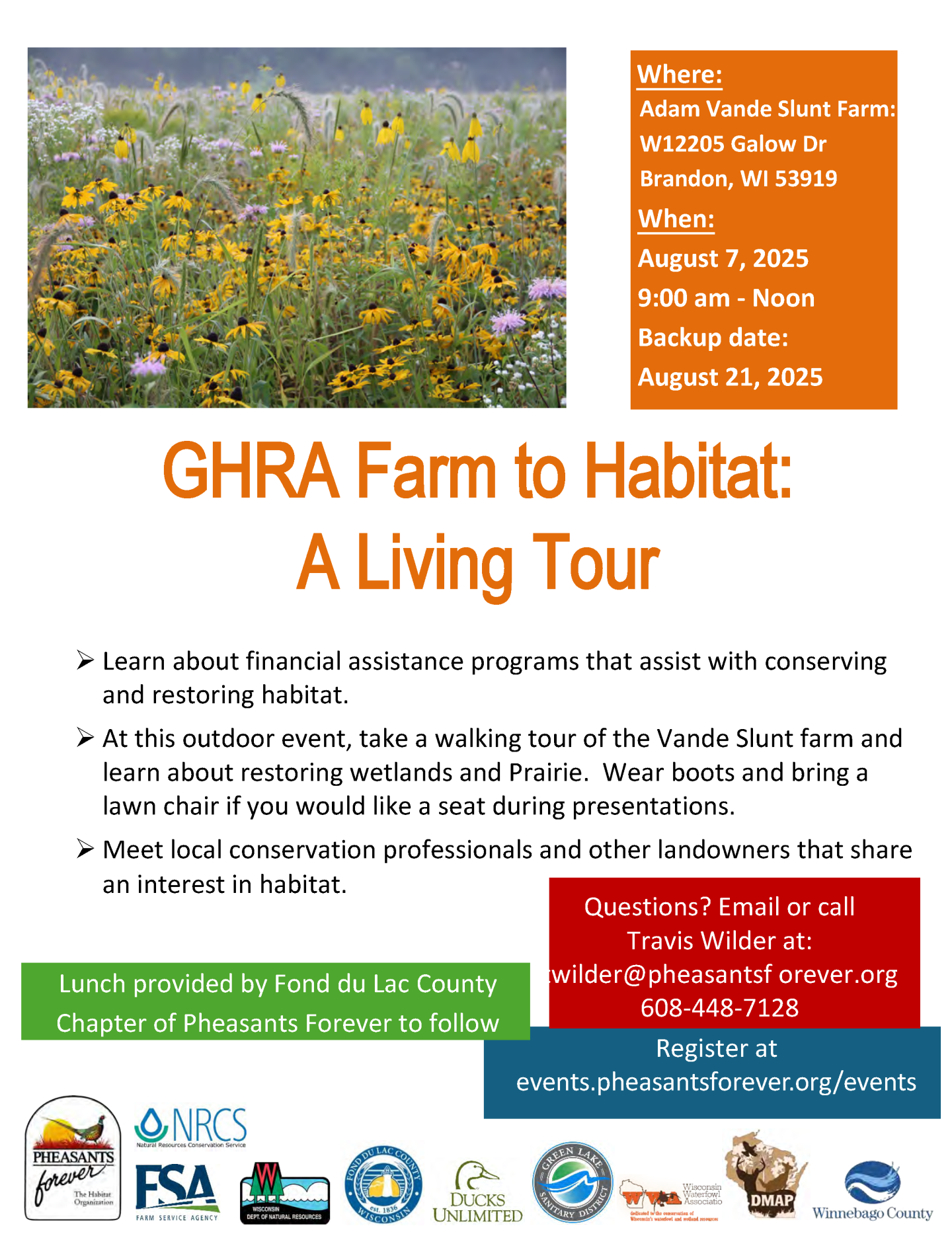 Glacial Habitat Restoration Area (GHRA) Farm to Habitat event flyer.