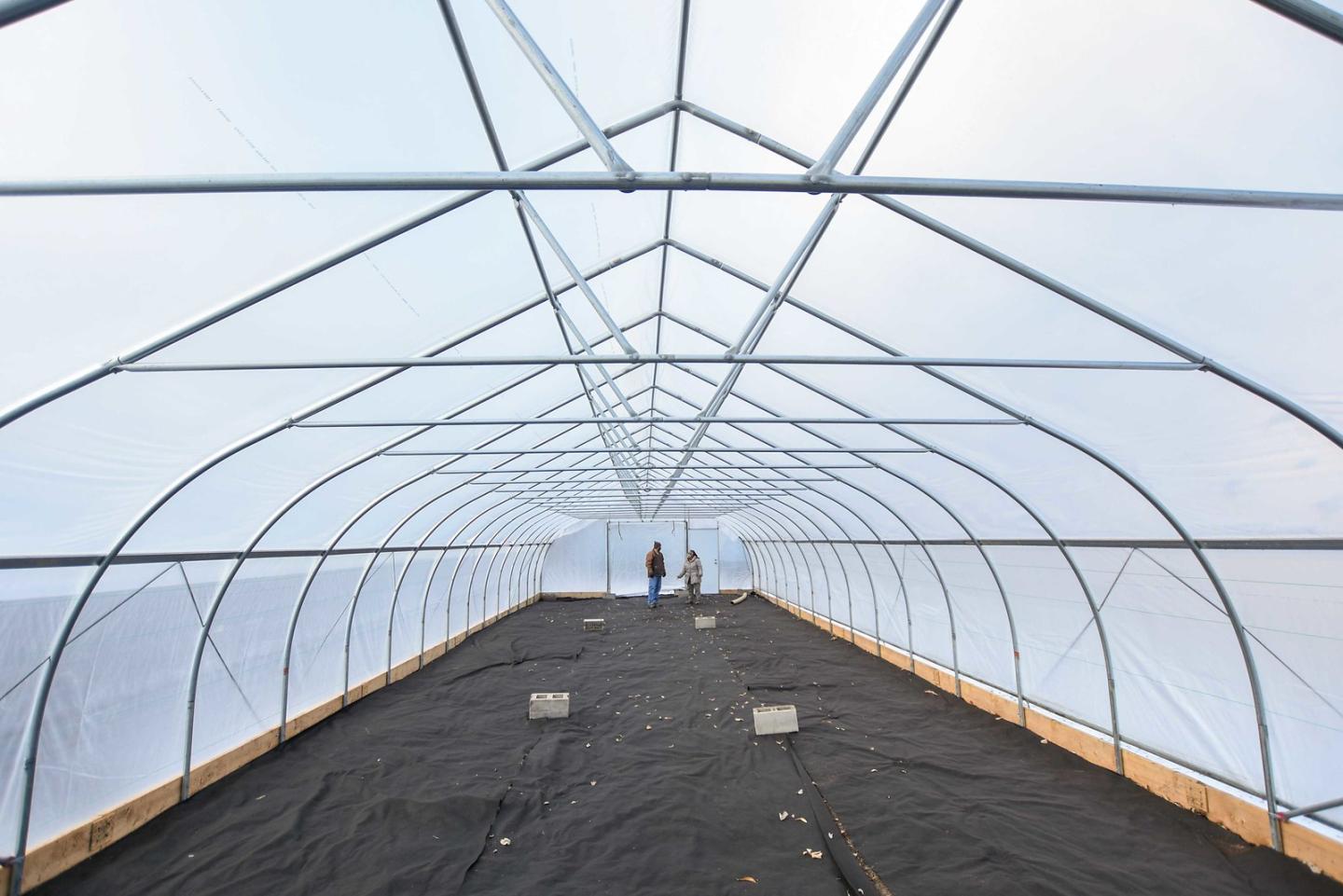 Aster Bekele, the founder of The Felege Hiywot Center in Indianapolis, Indiana, gives Jerod Chew, Indiana NRCS district conservationist, a tour of the center's high tunnel that was built in November 2020 and will be planted for the first time in Spring 2021. The high tunnel was funded in part through the NRCS's Environmental Quality Incentives Program. (Indiana NRCS photo by Brandon O'Connor)