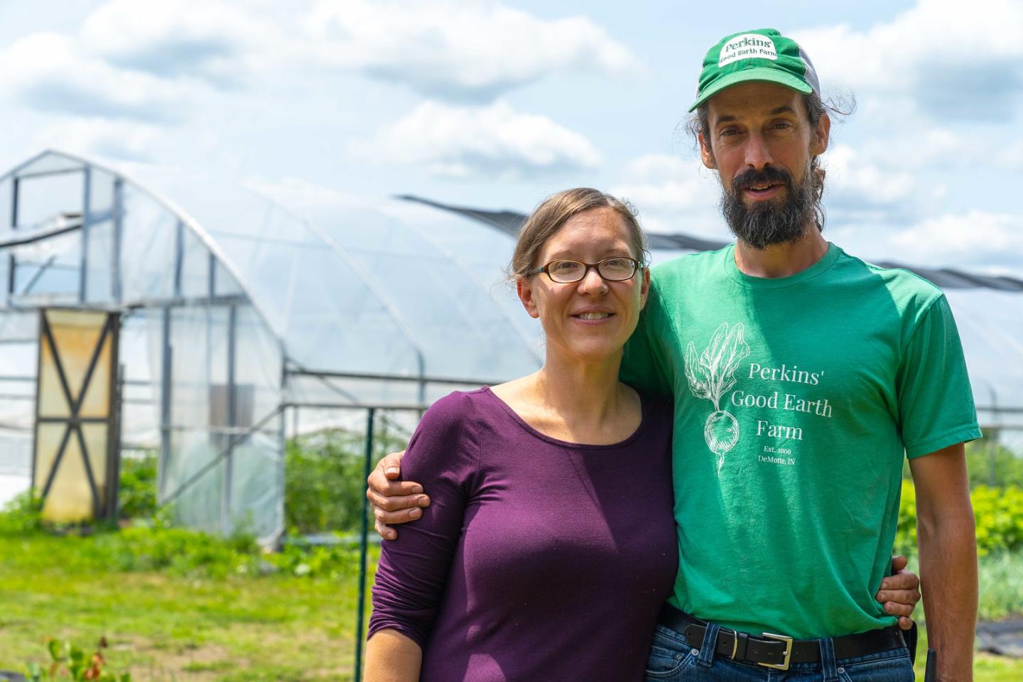 Julie and Dan Perkins purchased 20-acres in DeMotte, IN in 2009 before transforming the area into Perkins' Good Earth Farm. A decade later the certified organic farm supports a more than 200 member CSA and provided fresh, local produce to their community year-round.
Dan and Julie Perkins practice regenerative agriculture including no-till and cover crops. They have enrolled in multiple CRP, CSP and EQIP contracts through NRCS and FSA to plant wildlife habitat and wind buffers and hedgerows, construct high