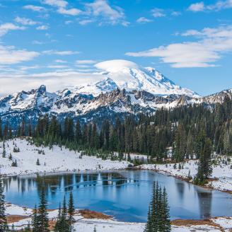 Mount Rainier’s East Face and Lake Tipsoo with Winter’s First Snow