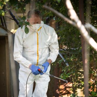 A man in a protective suit sprays pesticides outside. 