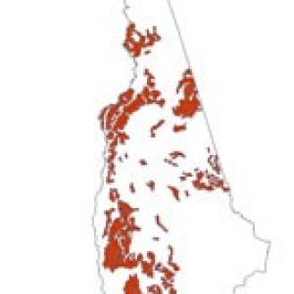 A map of New Hampshire with areas of Marlow soils shaded in red. 