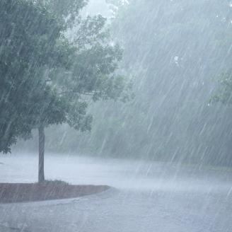 Heavy rain falls in a suburban area of New Jersey 